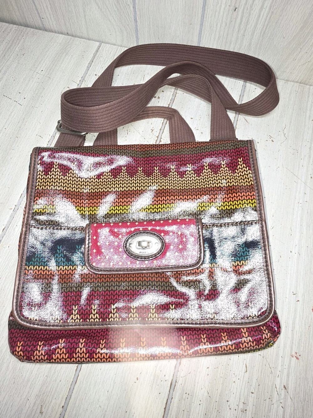 FOSSIL Key-Pur Coated Canvas Colorful Turn Lock Pocket Messenger Crossbody Purse